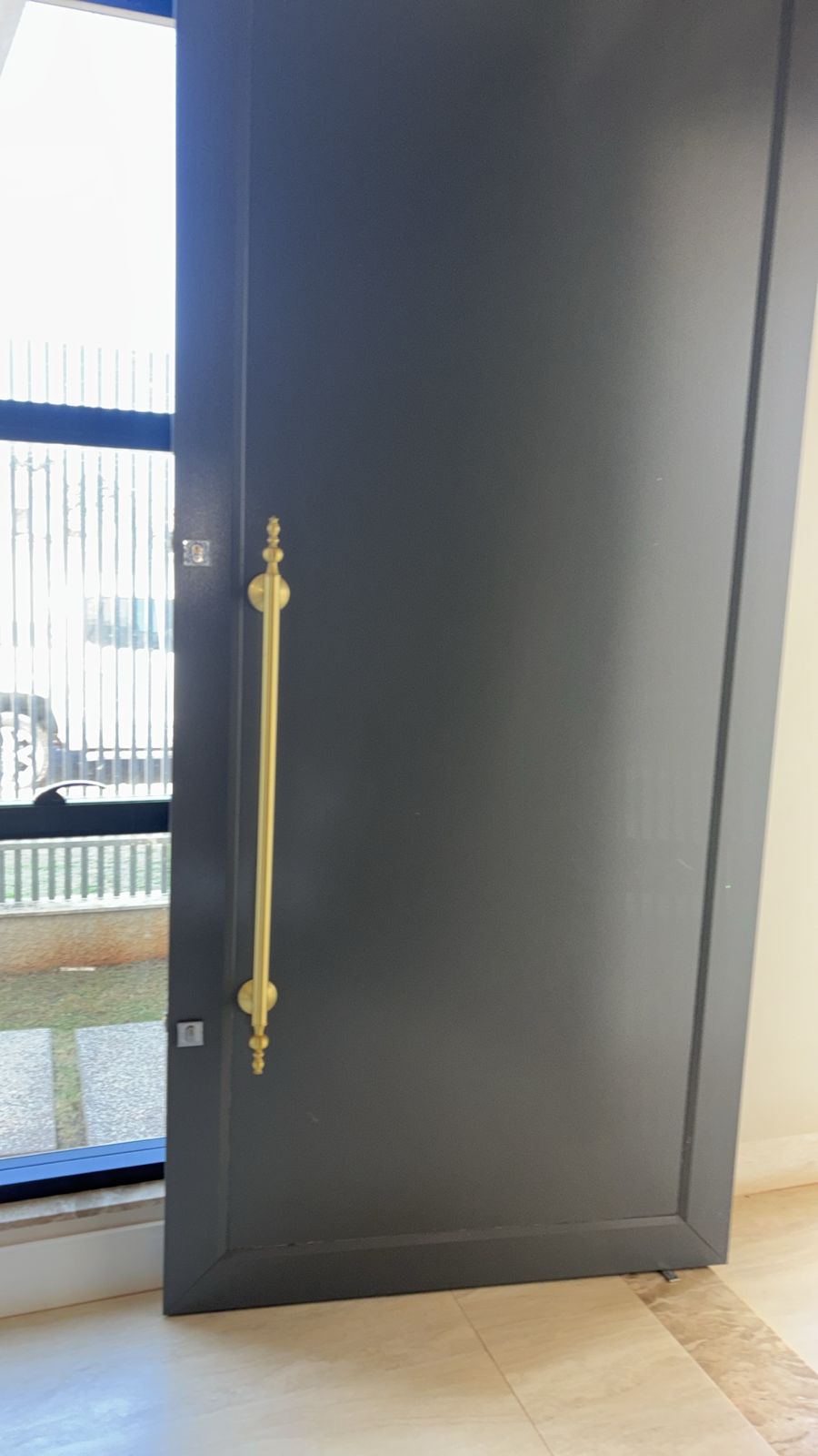 Porta pivotante preta com puxador dourado
